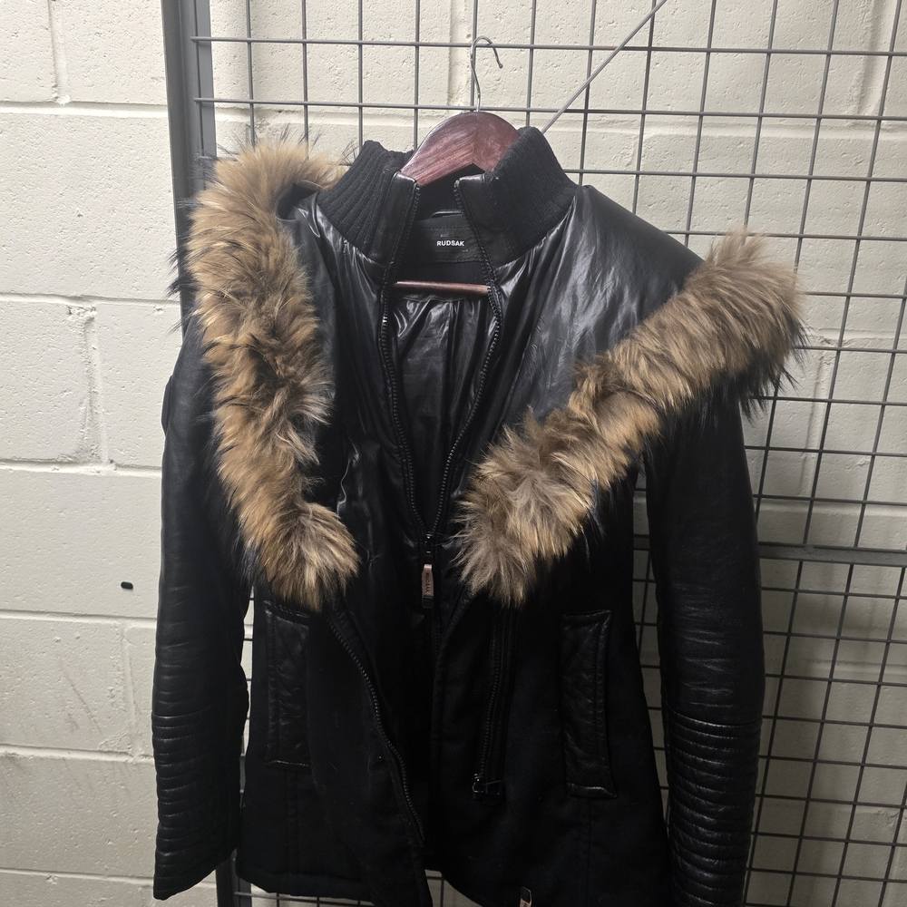 RUDSAK Black Leather Jacket with Brown Fur Trim